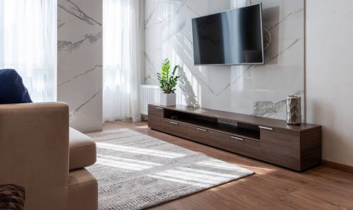 Medium dark hardwood floor in modern living room showing a balanced wood tone with a clean contemporary finish