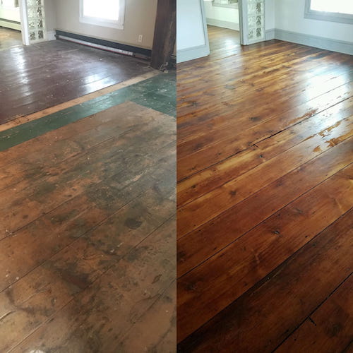 Hardwood floor restoration before and after showing a worn damaged surface transformed into a clean refinished floor
