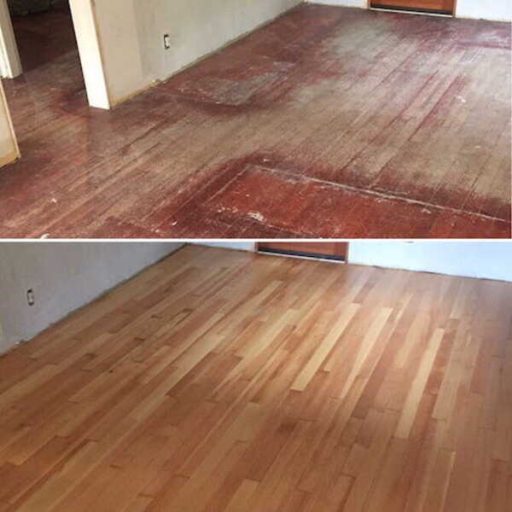 Refinished hardwood floor transformation showing a damaged floor renewed with a cleaner smoother finish