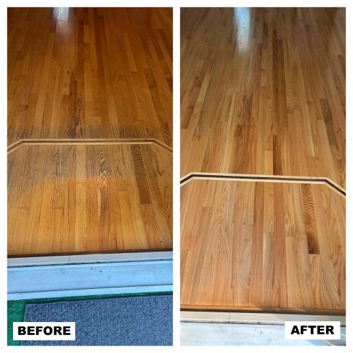 Room hardwood floor refinishing process removing surface damage and restoring smooth wood finish
