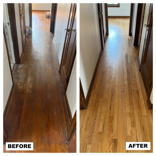 Hardwood floor sanding and refinishing process in open concept home with modern dark stain finish