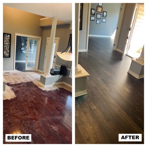 Oak hardwood floor refinishing process with color change and protective topcoat after professional sanding