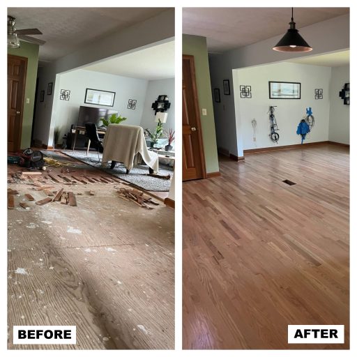 Hallway hardwood floor refinishing showing sanding marks removed and fresh polyurethane finish applied