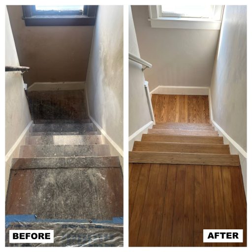 Hardwood floor stain removal and refinishing process eliminating dark spots and restoring natural wood tone