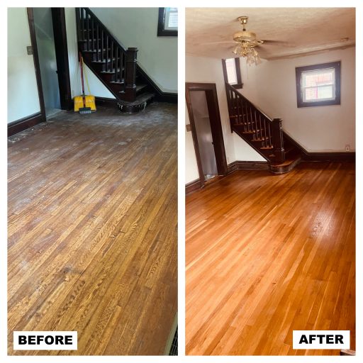 Living room hardwood floor refinishing process restoring dull wood floors to smooth, glossy finish