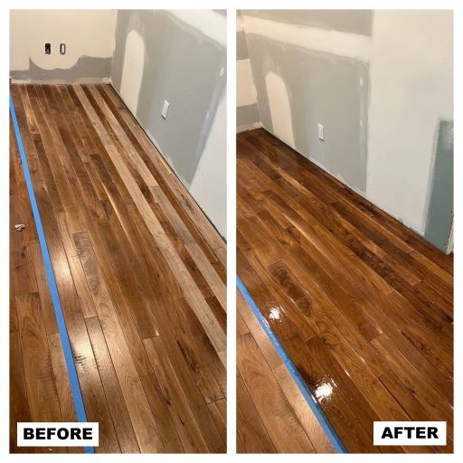 Hardwood floor sanding and refinishing before and after with stain correction and protective topcoat application