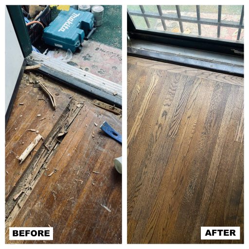 Entryway hardwood floor repair and refinishing process with board replacement, sanding, and stain restoration