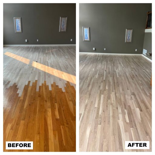 Hardwood floor refinishing process transforming worn oak flooring into light natural finish after sanding and sealing