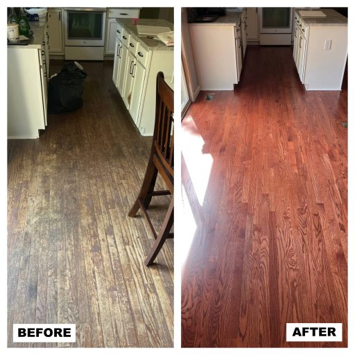 Before and after hardwood floor refinishing showing kitchen floor sanding, stain application, and full restoration process