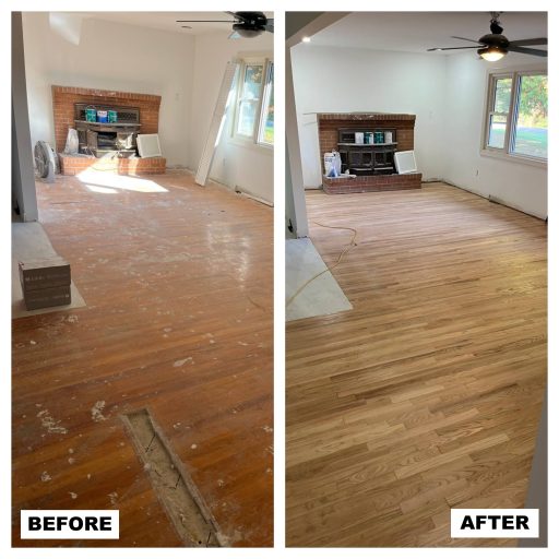 Complete hardwood floor refinishing process showing worn flooring restored to smooth and even finish