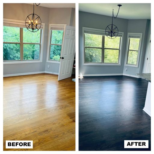 Professional hardwood floor restoration process with sanding, buffing, and clear coat application