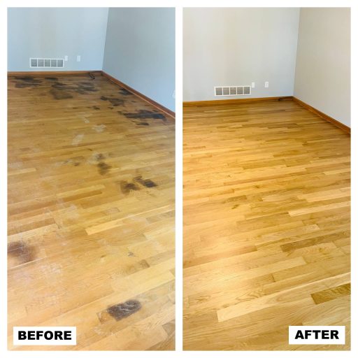 Bedroom hardwood floor refinishing process from scratched surface to uniform sealed wood flooring