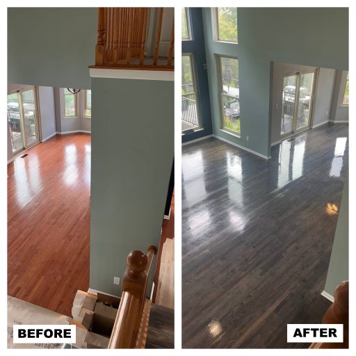 Hardwood floor sanding and refinishing process in open concept home with modern dark stain finish