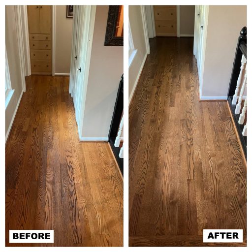 Hardwood floor refinishing transformation with deep sanding, stain update, and durable polyurethane coating