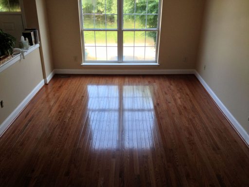 Dark hardwood floor with gloss finish showing rich natural wood character and strong light reflection in an empty room