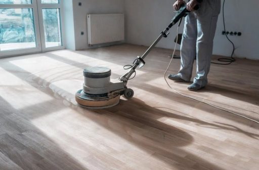Hardwood floor buffing during home refinishing showing a floor restoration step that can be done while the homeowner remains in the house