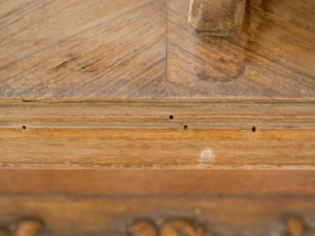 Small holes in hardwood floor near board edge before filler repair sanding and refinishing