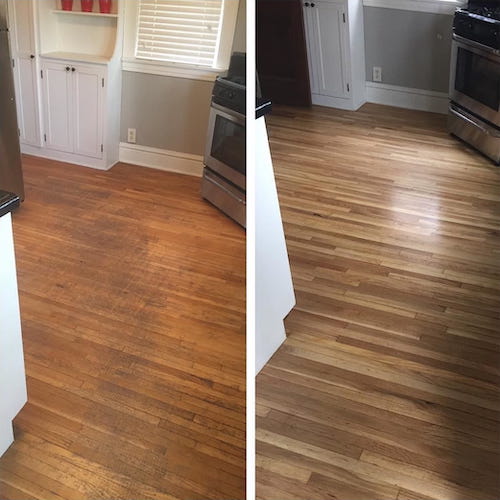 This before and after image shows a kitchen hardwood floor refinishing project completed by 1 DAY® Refinishing.